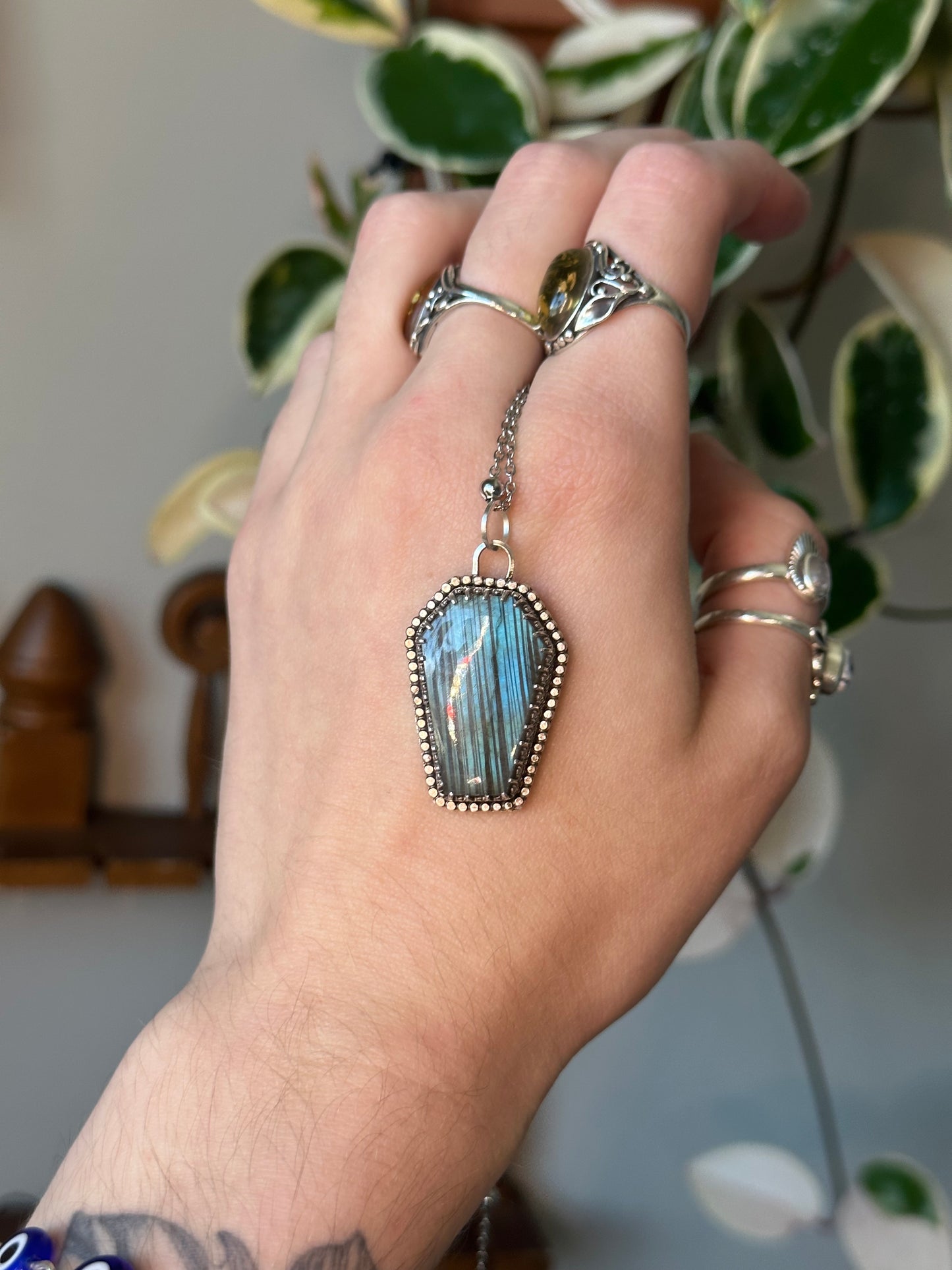 Teal Labradorite Coffin Pendant