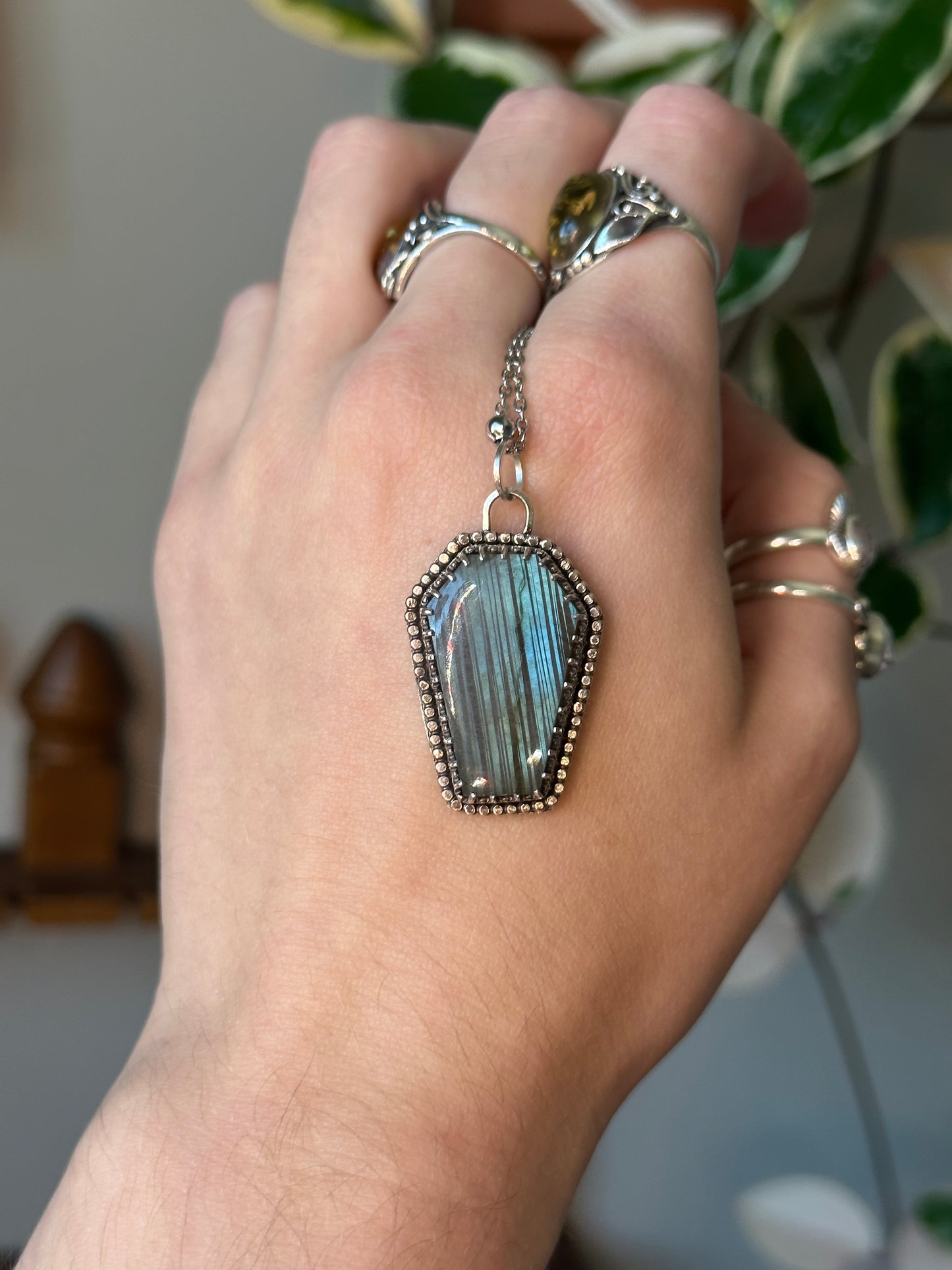 Teal Labradorite Coffin Pendant