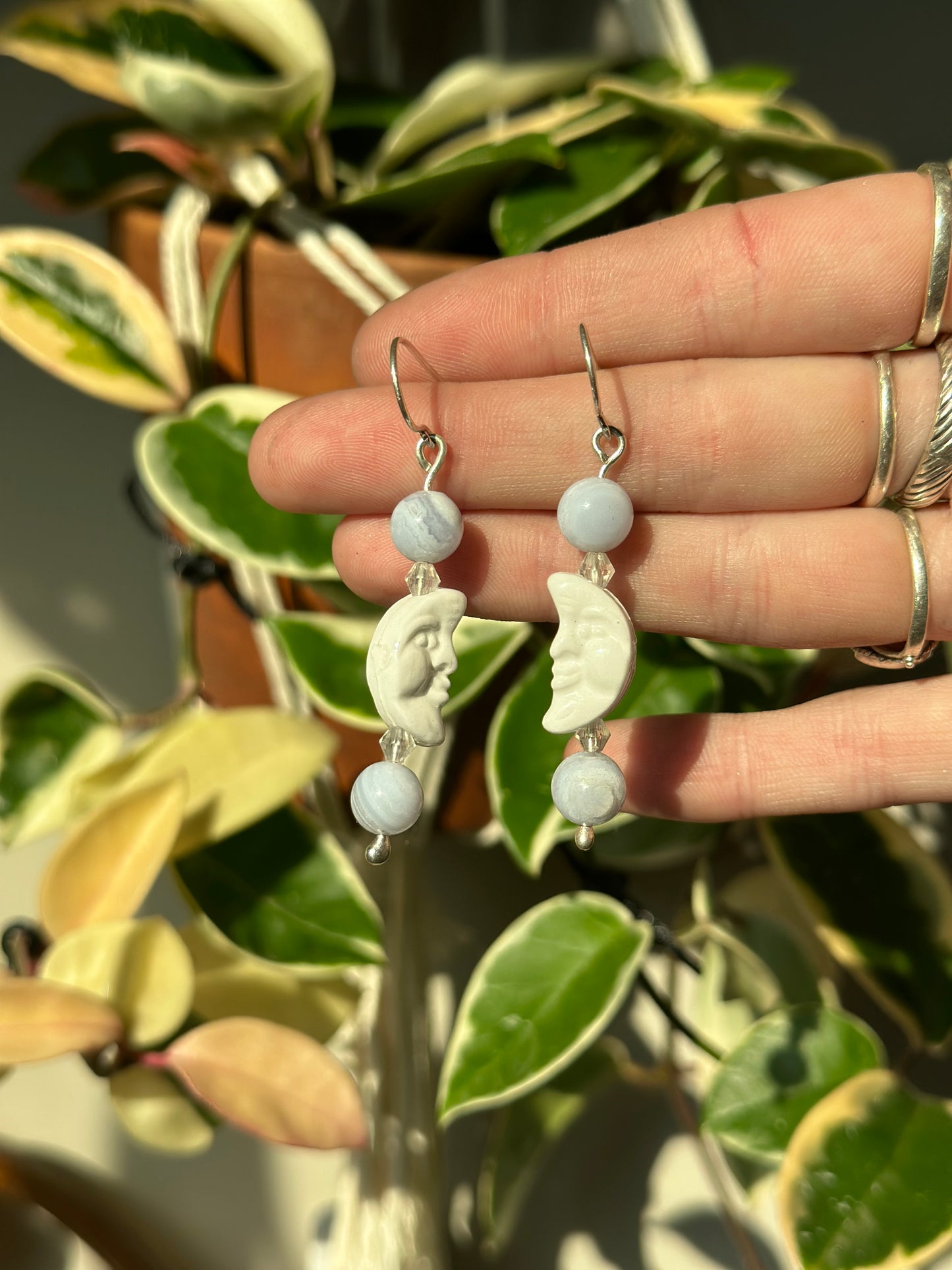 Blue Lace Agate Moon Earrings