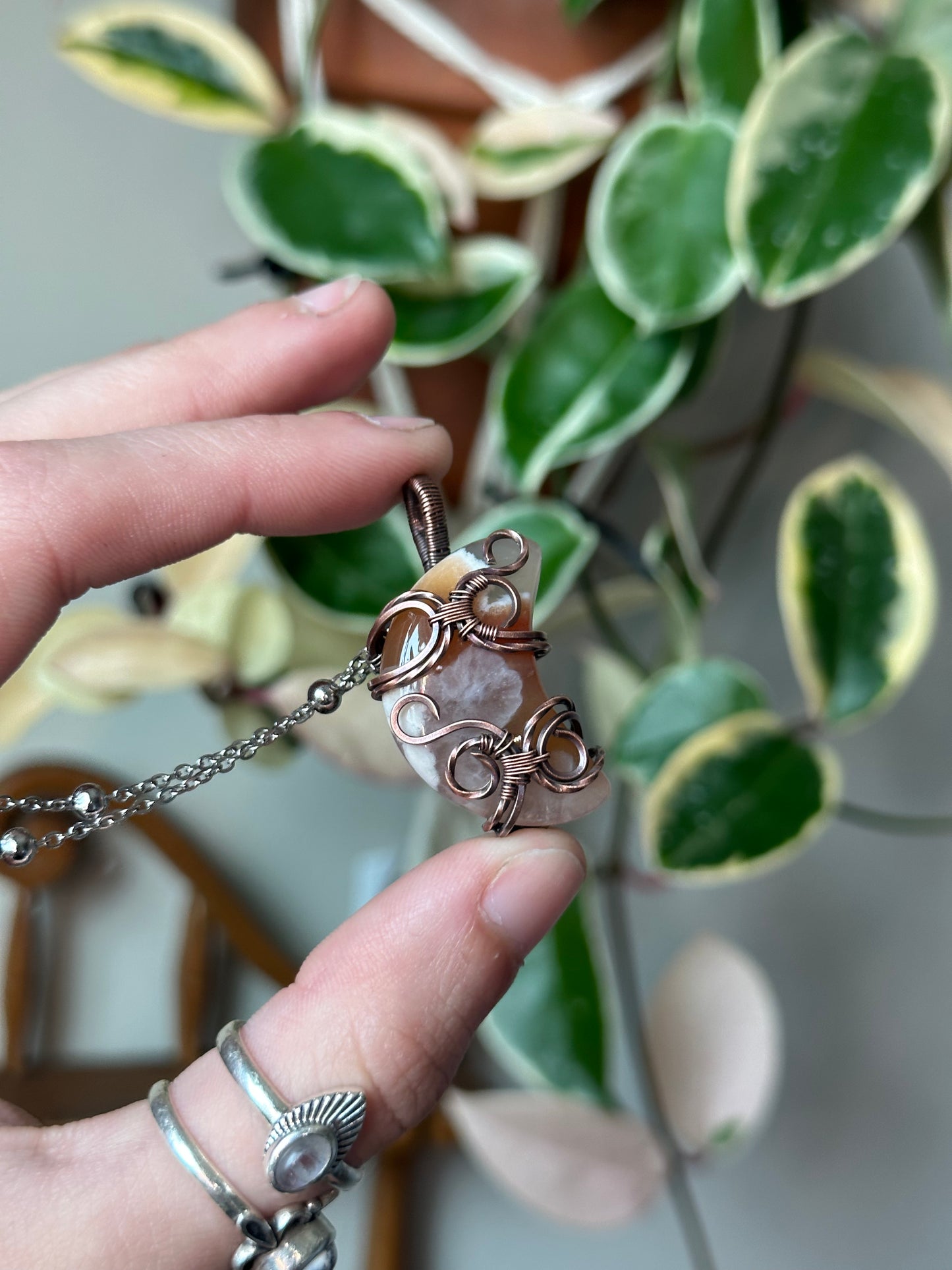 Flower Agate Moon Pendant